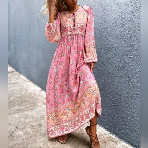 New Boho Cottage Floral Maxi Smock Dress Pink Yellow Tan White - Picture 7 of 13